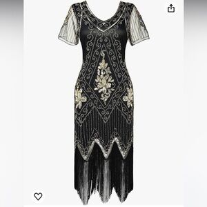 BABEYOND 1920s Fringed Sequin Dress Black and Gold Flapper Fancy Dress Size L